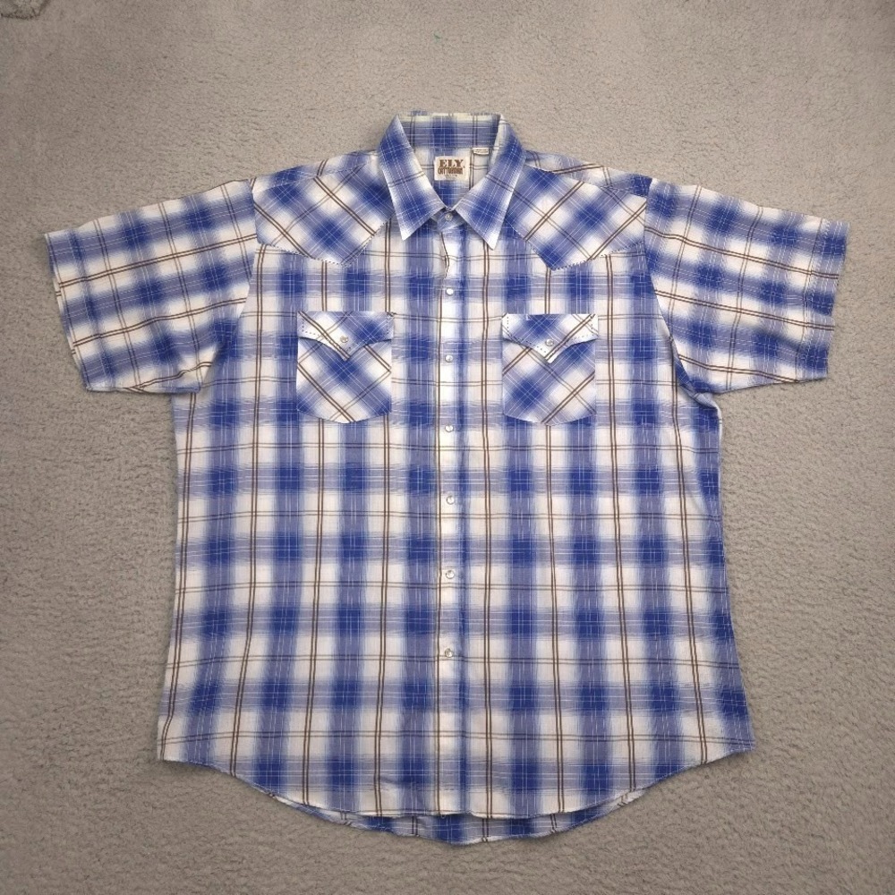 Ely Cattleman Mens XL Western Pearl Snap Shirt Blue Plaid‎ Short Sleeve